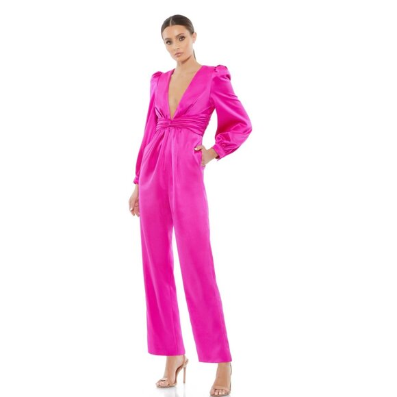 Mac Duggal Pants - NWT Mac Duggal A2647 Plunging V Neckline Long Sleeve Jumpsuit Fucshia 2 #7984